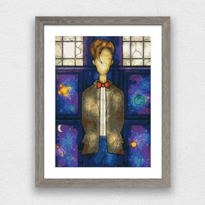 May include: A digital painting of a person with brown hair wearing a brown jacket and a red bow tie. The person is standing in front of a blue and purple background with stars and planets. The background is reminiscent of a stained glass window.