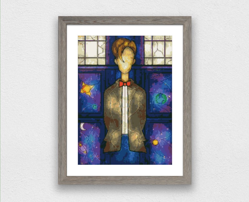 May include: A digital painting of a person with brown hair wearing a brown jacket and a red bow tie. The person is standing in front of a blue and purple background with stars and planets. The background is reminiscent of a stained glass window.