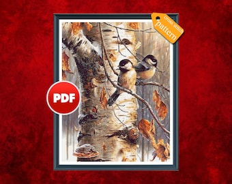 PDF Chickadees in Birch Tree cross stitch pattern Birds cross stitch Birch tree cross stitch pattern Chickadees  cross stitch pattern