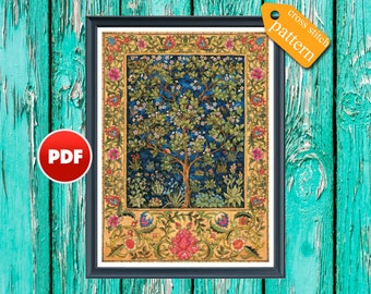PDF Tree of life full coverage cross stitch pattern William Morris Tapestry pattern Vintage counted cross stitch William Morris cross stitch
