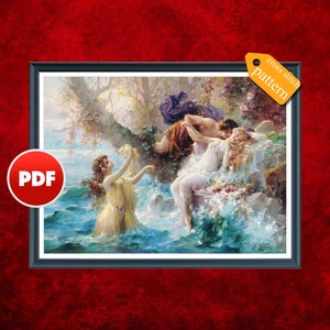 May include: A cross stitch pattern featuring a romantic scene with three figures in a lush landscape. The figures are dressed in flowing robes and are surrounded by flowers and greenery. The scene is set against a backdrop of a blue sky and a sparkling sea.