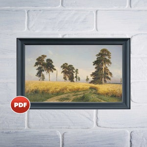 May include: A framed painting depicting a rural landscape with a dirt road leading through a field of golden wheat.  The scene features a group of tall, green trees in the background.