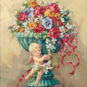 PDF Angel cross stitch pattern Cherub cross stitch pattern Still life cross stitch pattern Floral vase cross stitch pattern Little angel