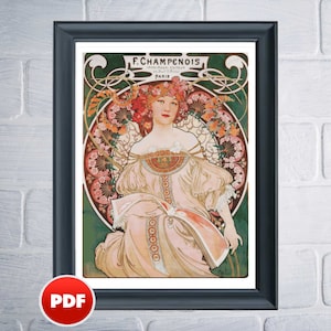 May include: Framed art print featuring a woman with floral headwear and a flowing gown. The artwork has a vintage style with a green and gold border, and the text "F. Champenois" is visible at the top. The print is in a black frame.