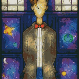 May include: A brown and blue illustration of a person standing in front of a blue door with a window. The person is wearing a brown jacket, a white shirt, and a red bow tie. The background is a dark blue with stars and planets.