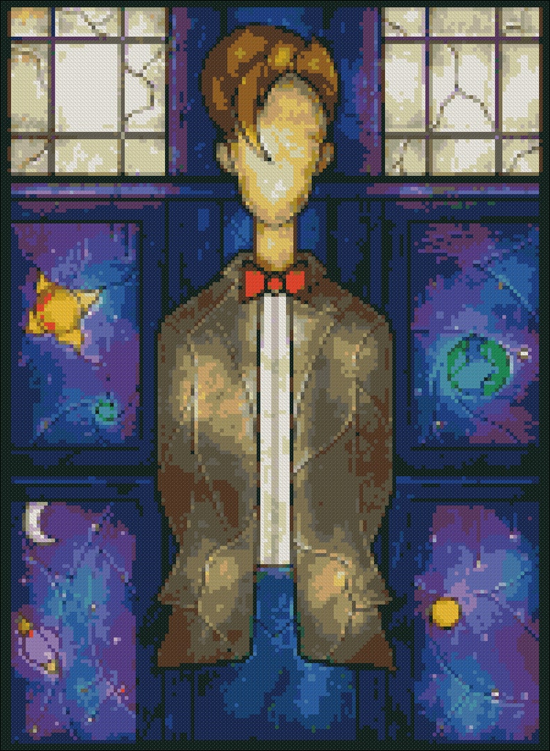 May include: A brown and blue illustration of a person standing in front of a blue door with a window. The person is wearing a brown jacket, a white shirt, and a red bow tie. The background is a dark blue with stars and planets.