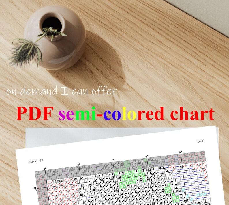 May include: A close-up of a PDF semi-colored chart for cross-stitch. The chart is on a wooden surface. The chart shows a section of the pattern with red, green, and blue symbols.