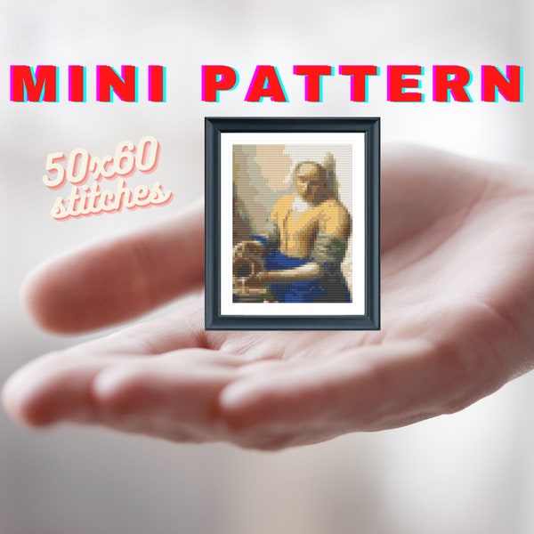 PDF mini Milkmaid cross stitch pattern Johannes Vermeer painting Mini home decor cross stitch pattern Tiny Milkmaid art Miniature art decor