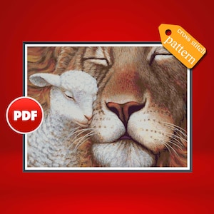 PDF PDF Stickvorlage Löwe und Lamm Kreuzstichvorlage Lamm Kreuzstichvorlage Biblisches Kreuzstichmuster Modernes Kreuzstichmuster
