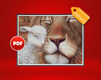 PDF Lion and the lamb stitch pattern Lion cross stitch pattern Lamb cross stitch pattern Biblical cross stitch pattern Modern pattern