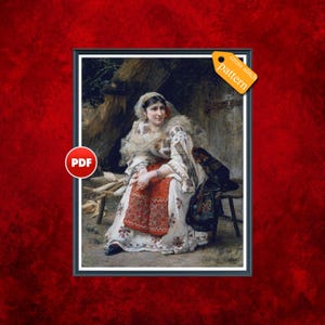 May include: A cross stitch pattern PDF featuring a woman in traditional clothing sitting on a wooden stool. The woman is wearing a white blouse with red embroidery, a white headscarf, and a dark skirt. The background is a rustic wooden structure.