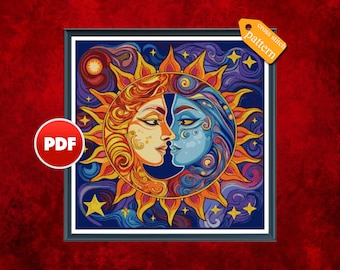 PDF Sun and moon cross stitch pattern Sun cross stitch pattern Moon cross stitch pattern Monochrome full coverage cross stitch pattern chart
