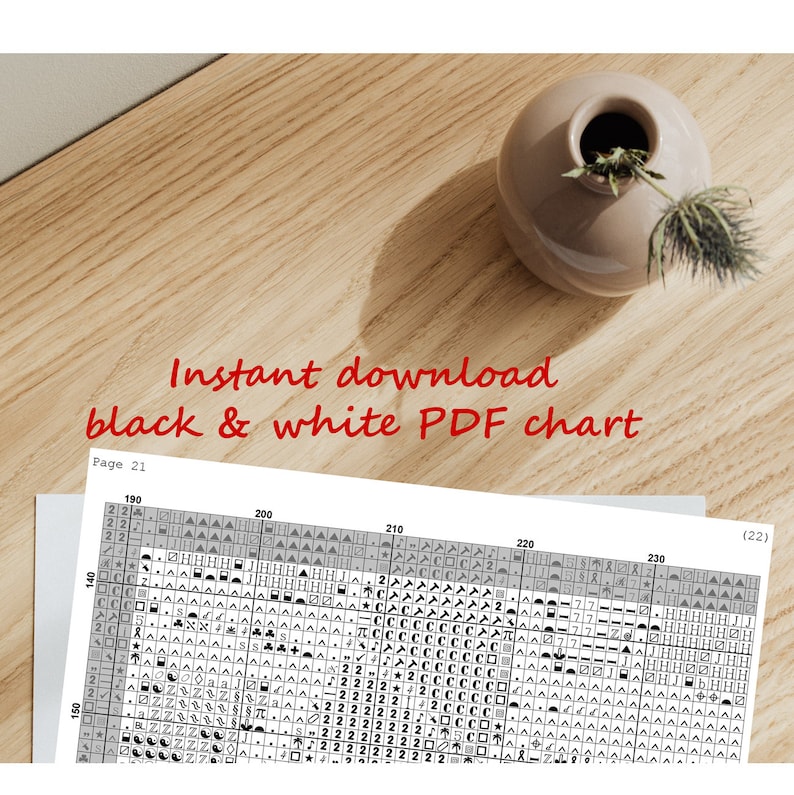 May include: Black and white PDF chart for a cross stitch pattern. The chart is labeled "Page 21" and shows a section of the pattern with numbers and symbols.