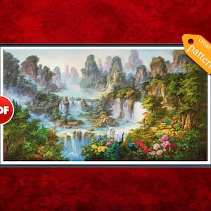 PDF Valley of the waterfalls cross stitch pattern Nature scenery Ocean Sea Custom cross stitch pattern Full coverage cross stitch pattern