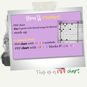 May include: A purple and white graphic with the text "You'll receive:" and a list of items: PDF chart, Key/Legend with thread usage (in Skeins), mock-up, PDF chart with colored symbols, PDF chart with colored blocks & symbols. A black and white chart with numbers 30 and 40 is shown. The text "This is a PDF chart" is at the bottom.