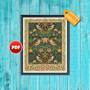 PDF William Morris Strawberry Thief cross stitch pattern PDF full coverage cross stitch pattern Vintage tapestry stitch Strawberry pattern