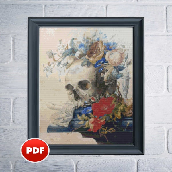 PDF Skull cross stitch pattern Art of death cross stitch Cornelis van Spaendonck Vanitas still Life full coverage cross stitch pattern chart