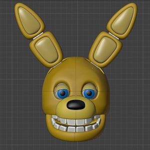 Könnte beinhalten: Ein digitales 3D-Modell eines gelben Kaninchenkopfes mit langen, segmentierten Ohren, leuchtend blauen Augen, einer schwarzen Nase und einem breiten Mund mit sichtbaren quadratischen Zähnen. Das Design zeigt glatte Oberflächen und Struktur.