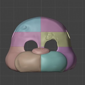 Könnte beinhalten: Ein digitales 3D-Modell einer stilisierten Tiermaske mit einem segmentierten, mehrfarbigen Design. Die Maske zeigt eine abgerundete Form mit zwei großen Augenöffnungen, einem zentralen Nasenteil und einer gitterartigen Drahtgitterstruktur.
