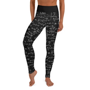 May include: Black yoga leggings with a white print of mathematical equations and formulas.