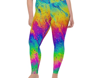 Looking slick Plus Size Leggings - oil slick - optical illusion - rainbow leggings - swim leggings - beach sun protection