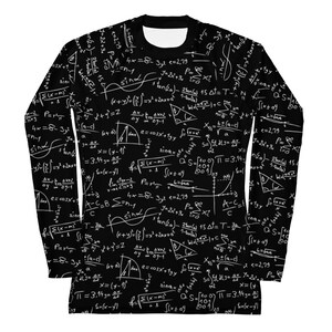 May include: Black long-sleeve shirt with a white print of mathematical equations and formulas. The print covers the entire shirt.