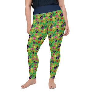 Falling for Uke Plus Size Leggings - Fat Cat Leggings - Ukelele - Hawaiian - Hawaii - Hibiscus - Palm tree - Hawaiian party - music - flower