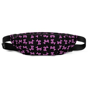 May include: Black fanny pack with a pink balloon dog pattern.