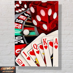 May include: A red die with white dots, a roulette wheel, and four playing cards showing the 10, Jack, Queen, and King of hearts.