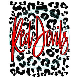 May include: Red Devils text in red on a white background with a black leopard print pattern.