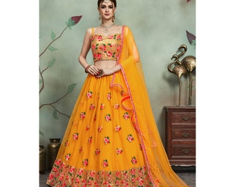 iDress Women Party Wear Stunning Mustard Colored Semi-Stitched Embroidery Work Lehenga Choli