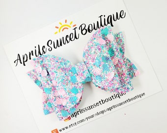 By the Sea Bow Hair Bow with Seashells Little Girl Hair Bows Faux Leather Bow Seashells Hair Bow Pretty Hair Bows