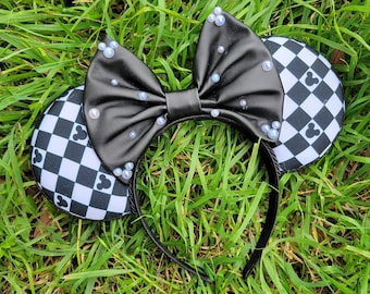 Checker Mouse Ears, Pearl bow, Mouse Headband, Black and white ears,