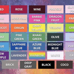May include: A color chart with 25 different color swatches. The colors are arranged in rows and columns. The colors include red, rose, wine, pink silt, glitter pink, pink, rose pink, barbie pink, dragon fruit, papaya, apricot, origin, shiny yellow, yellow, green, mint, pine green, khaki green, olive, lilac, blue, sapphire blue, azure blue, midnight blue, purple, new purple, lavender, rainbow, white, gray, brick, deep gray, black, and coco.