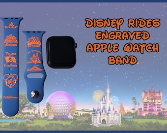 Disney Rides Engraved Apple Watch Band | 34 Colors | 38mm 40mm 41mm 42mm 44mm 45mm 49mm | Personalized Silicone Band | Fits All Series