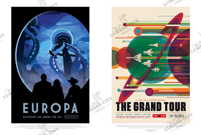 May include: Two retro-style travel posters. The left poster features a blue and white illustration of Europa, a moon of Jupiter, with the text "Europa: Discover Life Under the Ice". The right poster features a colorful illustration of a spacecraft flying past planets with the text "The Grand Tour: A Once in a Lifetime Getaway. Jupiter/Saturn/Uranus/Neptune. Experience the Charm of Gravity Assists. Now Boarding."