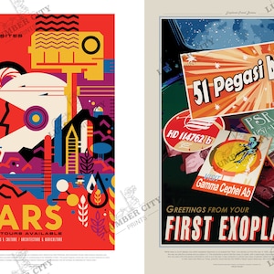 May include: Two retro-style travel posters. The left poster is red with geometric shapes and the text "Visit the Historic Sites Mars Multiple Tours Available". The right poster is black with a hand holding a postcard that says "51 Pegasi b" and other postcards with text like "HD 114762 b" and "Gamma Cephei Ab". The text "Greetings from your First Exoplanet" is at the bottom.