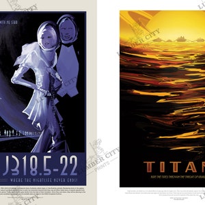 May include: Two vintage-style travel posters. The left poster features a couple in space suits standing in front of a large planet with the text "PSO J318.5-22 Where the nightlife never ends!" The right poster features a large orange planet with the text "TITAN Are the tides through the throat of Kraken"