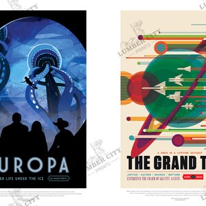 May include: Two retro-style travel posters. The left poster features a blue and white illustration of Europa, a moon of Jupiter, with the text "Europa: Discover Life Under the Ice". The right poster features a colourful illustration of a spacecraft flying past planets with the text "The Grand Tour: A Once in a Lifetime Getaway. Jupiter/Saturn/Uranus/Neptune. Experience the Charm of Gravity Assists. Now Boarding."