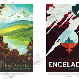 May include: Two vintage travel posters, one for Earth and one for Enceladus. The Earth poster features a couple looking out at a mountain range and a lake. The Enceladus poster features a planet with a geyser erupting from its surface.
