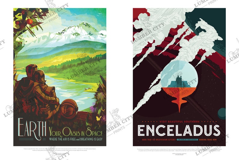May include: Two vintage travel posters, one for Earth and one for Enceladus. The Earth poster features a couple looking out at a mountain range and a lake. The Enceladus poster features a planet with a geyser erupting from its surface.