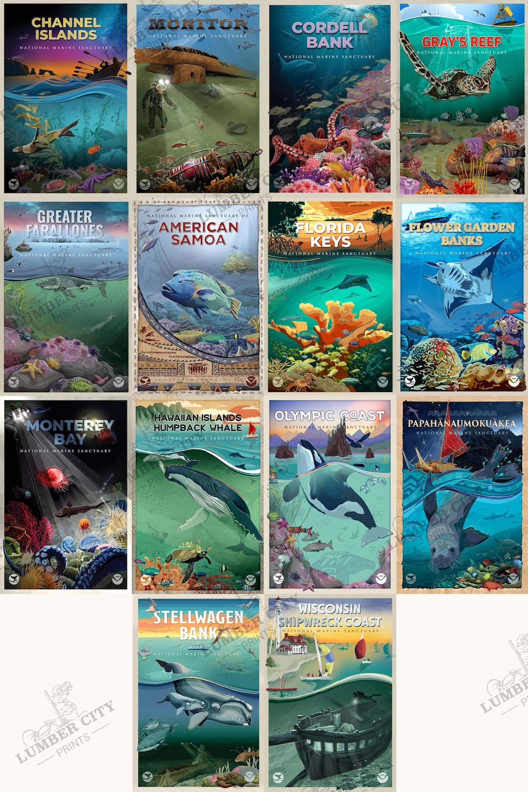 SET of (14) National Marine Sanctuary System Posters NOAA Oceanic Print ...