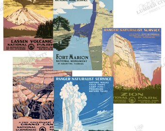SET of Five US National Parks Vintage Travel Poster Prints circa 1938 - 18"x 24" Series Travel Gift idea Office man cave Wall Art Decor