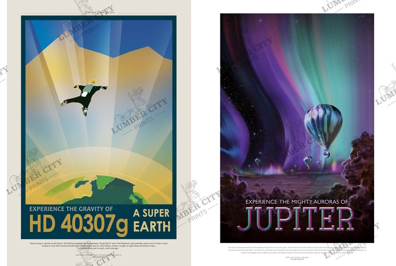 May include: Two retro-style travel posters. The left poster features a person skydiving towards a green and brown planet with the text "Experience the Gravity of HD 40307g A Super Earth". The right poster features a purple and green aurora borealis with hot air balloons in the foreground and the text "Experience the Mighty Auroras of Jupiter".