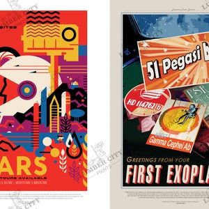 May include: Two retro-style travel posters. The left poster is red with geometric shapes and the text "Visit the Historic Sites Mars Multiple Tours Available". The right poster is black with a hand holding a postcard that says "51 Pegasi b" and other postcards with text like "HD 114762 b" and "Gamma Cephei Ab". The text "Greetings from your First Exoplanet" is at the bottom.