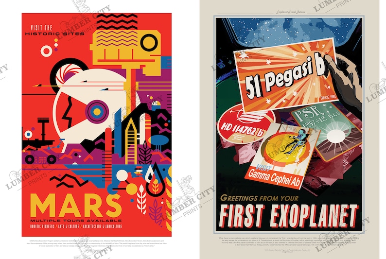 May include: Two retro-style travel posters. The left poster is red with geometric shapes and the text "Visit the Historic Sites Mars Multiple Tours Available". The right poster is black with a hand holding a postcard that says "51 Pegasi b" and other postcards with text like "HD 114762 b" and "Gamma Cephei Ab". The text "Greetings from your First Exoplanet" is at the bottom.