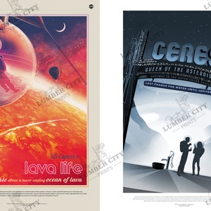 May include: Two retro-style travel posters depicting space exploration. The first poster features a red planet with a glowing orange sky and a person in a transparent bubble. The second poster shows a futuristic city on a gray planet with two people in space suits. The text on the first poster reads "55 Cancri e lava life Skies sparkle above a never ending ocean of lava". The text on the second poster reads "Ceres Queen of the Asteroid Belt Gateway to the Outer Solar System Last Chance for Water Until Jupiter".
