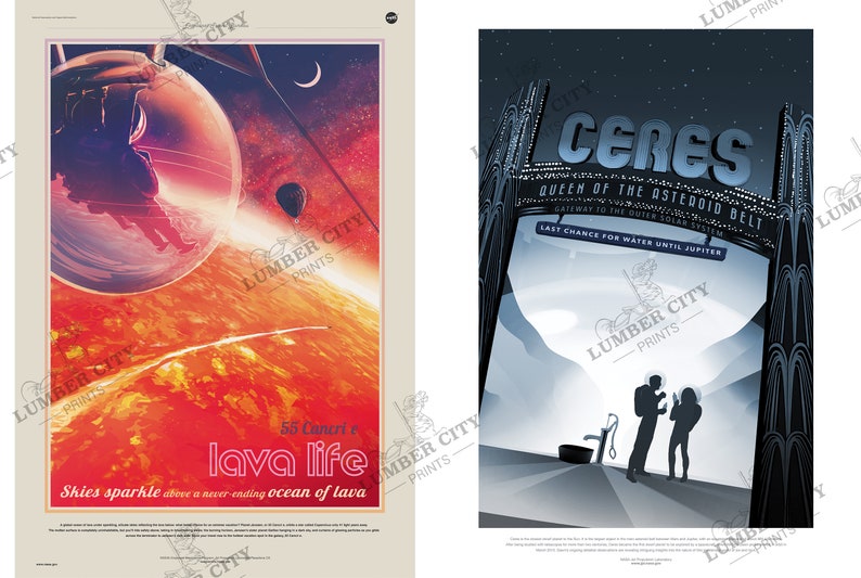 May include: Two retro-style travel posters depicting space exploration. The first poster features a red planet with a glowing orange sky and a person in a transparent bubble. The second poster shows a futuristic city on a gray planet with two people in space suits. The text on the first poster reads "55 Cancri e lava life Skies sparkle above a never ending ocean of lava". The text on the second poster reads "Ceres Queen of the Asteroid Belt Gateway to the Outer Solar System Last Chance for Water Until Jupiter".