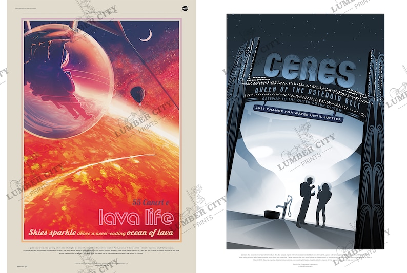 May include: Two retro-style travel posters depicting space exploration. The first poster features a red planet with a glowing orange sky and a person in a transparent bubble. The second poster shows a futuristic city on a grey planet with two people in space suits. The text on the first poster reads "55 Cancri e lava life Skies sparkle above a never ending ocean of lava". The text on the second poster reads "Ceres Queen of the Asteroid Belt Gateway to the Outer Solar System Last Chance for Water Until Jupiter".