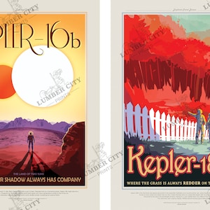 May include: Two vintage travel posters advertising trips to Kepler-16b and Kepler-186f. The Kepler-16b poster features a red and orange sun with a white moon in the background. The Kepler-186f poster features a red and orange sky with a white picket fence in the foreground.